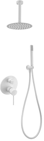 IMEX - Ducha Empotrada Techo Monomando Blanca | Kit de Grifería Empotrado con Alcachofa y Rociador Antical Efecto Lluvia | Columna Ducha Empotrada con Grifo en Latón y Acero Inox S.304 | Serie Milos