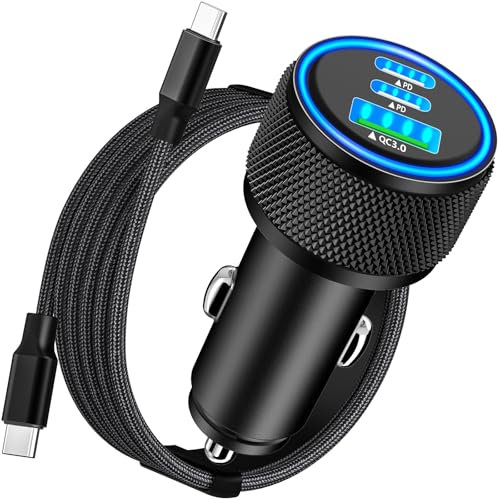 [Apple MFi Certified] iPhone 17 Car Charger Fast Charging, KYOHAYA 3-Port 67W PD/QC Car Power Adapter USB-C Charger Cigarette Lighter + Type-C Braided Cord for iPhone 17/17 Pro/16 Pro/15/Galaxy/Pixel