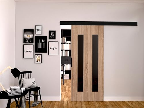 MINIO go for it - Schiebetüren 106 cm, Schiebetür Zimmertür PRIM H, Schiebetürsystem für Zimmer, Dekorative Elemente, Wandmontage, Türe Innen - Schwarz/Schwarzer Griff, Sonoma Eiche/Schwarz