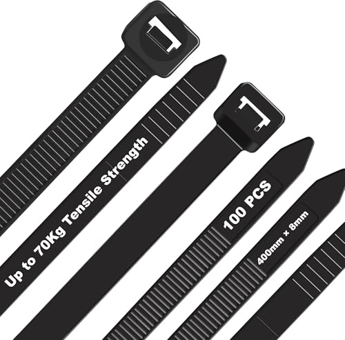 DUNSOO 100 Stück Kabelbinder Schwarz, 400 mm x 8 mm Kabelbinder UV Beständig, Chemische Resistenz Cable Ties Starke Zip Ties mit 70 kg Zugfestigkeit