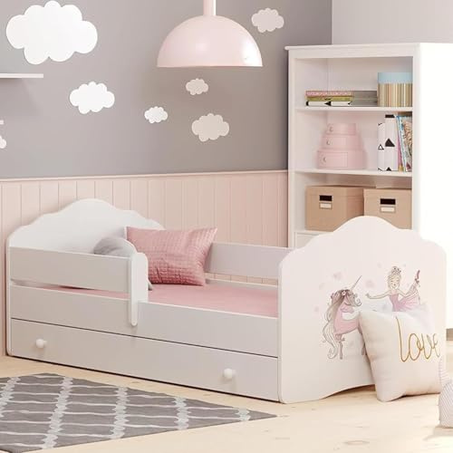 Letto per bambini 70x140 cm con materasso e cassetto rete a doghe e protezione anticaduta Lettino per bambini Letto singolo completo in bianco con motivo di cavalli | dalla nascita ai 6 anni