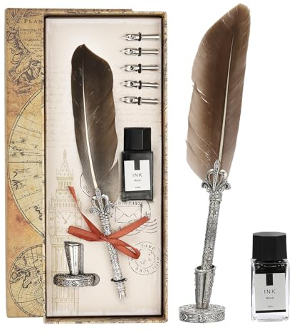 PATIKIL 26cm/11 Geschnitztes Federstift-Set, Vintage Federkielstift mit Tintenset 5 Ersatzfedern Ständerbasis für Kalligrafie Schreibfeder Hochzeitsgeschenke, Grau