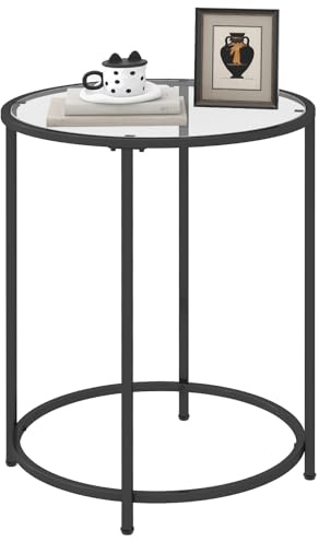 Livofloral Round Side Table, Modern Style Coffee Table, Sofa Table, Table with Metal Shelves and Glass Top, End Table for Living Room, Bedroom, Balcony, Patio, (H) 25.59 inch× (D) 19.69 inch, Black