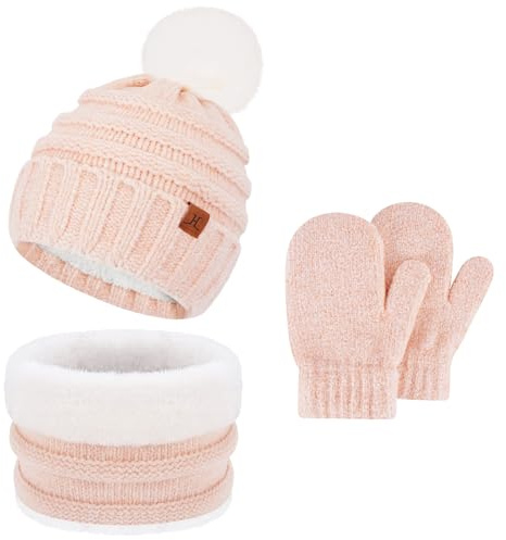 Winter Warm Kinder Beanie Mütze Loop Schal und Handschuhe Set, Mädchen Jungen Bommel Wintermütze Strickmütze Schlauchschal Fäustlinge mit Fleece Gefütterte für 2 3 4 5 6 Jahre Baby Kleinkind, Rosa
