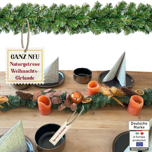 Spessart Instinkt Weihnachtsgirlande künstlich 150 cm Naturgetreue Nachbildung, Weihnachtsdekoration für Innen, Draußen + Eingangstür Halterung, Grün