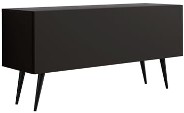 3xE Living Meuble TV : Une Porte, Une étagère, Couleur : Noir Mat, Pieds Noirs D : L : 100 cm, H : 52 cm, P : 32 cm