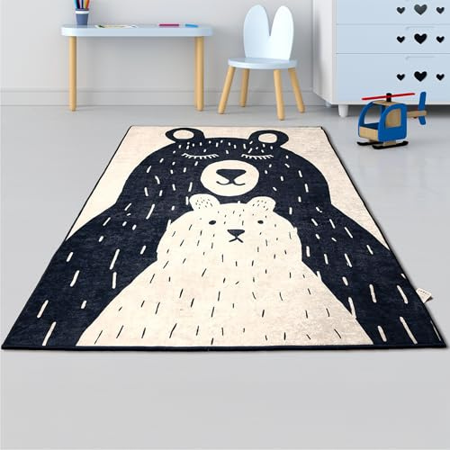 Bosdela Spielteppich Bär Motiv 160x100 cm – rutschfeste & Waschbare Krabbelmatte für Kinder & Babys – Weicher Teppich fürs Kinderzimmer