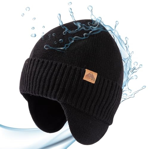 TOP-EX XL/XXL Merinowolle Beanie Herren Damen mit Ohrenklappen wasserdichte Warme Wintermütze Strickmuetze mit Fleecefutter Outdoor Ski Mütze 95562_Schwarz L/XL