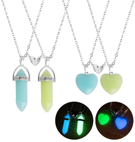 Fllyvly Pendentif Femme, Collier Amitié,Pendentif Femme,Collier Amitié pour 4,4 Pièces Colliers de Cristal Hexagone Coeur Pierre Naturelle Lumineux Amitié Couple