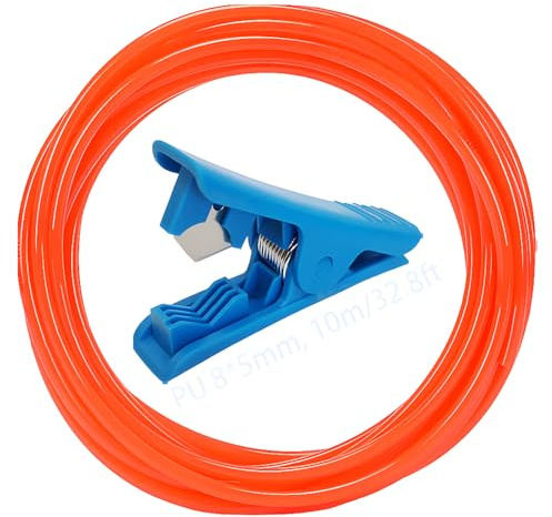 CESFONJER Tubo PU, Tubo Pneumatico in poliuretano arancione da 10 m, tubo per compressore d'aria OD 8 mm x ID 5 mm con tagliatubi blu utilizzato per la trasmissione di sorgenti di gas