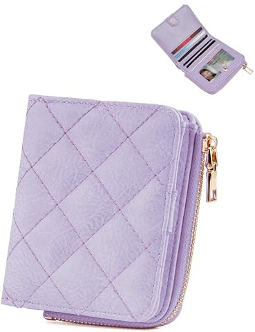 Sunpour Kleine RFID Brieftasche Damen, Schlanke Bifold Kartenbörse mit Reißverschluss-Münzfach und 2 Ausweisfenstern (Lila)
