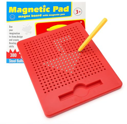 KQDRAVINE Magnetspiel Kinder, Magnetische Zeichentafel Magnetisches Stahlkugel Zeichenbrett mit Magnetstifte, Magnet Spielzeug, Lernspielzeug für Kinder ab 3 Jahre, 21.5x17.5 cm, Rot