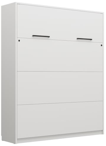 QMM Schrankbett Wandklappbett vertikal GN 160x200 mit LED weiß, Congo, Eiche geölt, Eiche Lancelot mit schwarz (Weiß)