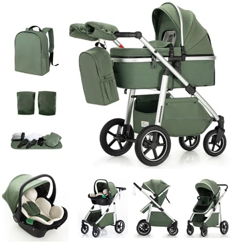 Kakbgee 3 en 1 Cochecito de Bebé, Sistema de Viaje, Carrito Bebé Asa Regulable en Altura, Silla de Paseo, Cubierta para Lluvia, Mosquitera, Cochecito con chasis de aluminio(0-4 Años, 22KG)