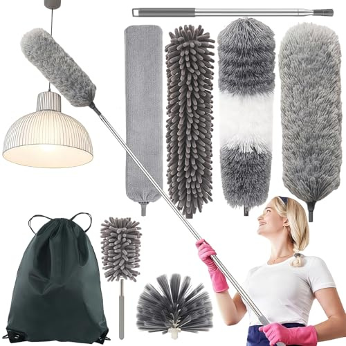 8 PCS Feather Duster Set, Extendable Washable Cobweb Duster with 15-98 Inch Telescopic Pole, Microfiber Dusters for Cleaning Ceiling Fans, Lights, Blinds, Furniture, Cars & High Reach Dusting