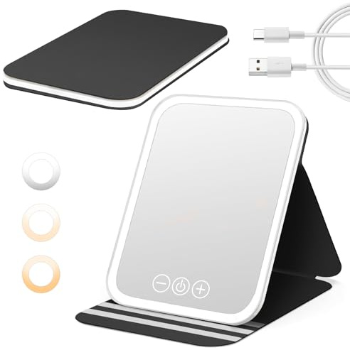 NXPZ Miroir de Maquillage Lumineux Portable, Rechargeable, Pliable, 3 Couleurs de Lumière, Luminosité Réglable, Fonction Mémoire, Idéal pour Voyage et Maison (Noir, 1)