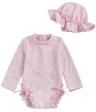 Generisch Traje de baño para niña de manga larga, pelele para playa, protección solar, ropa de natación para bebé y niña, traje de baño de protección, Rosa., 3-6 meses
