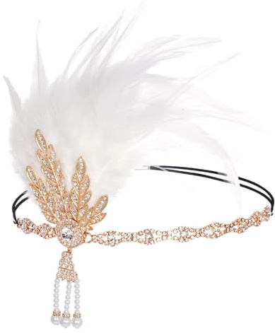 1920-talet flapper-pannband, fjäder huvudbonad huvudbonad, 20-talet vintage strass hårdekoration, för kvinnor flickor karneval temakostym avslutningsbal party dekoration (vit)