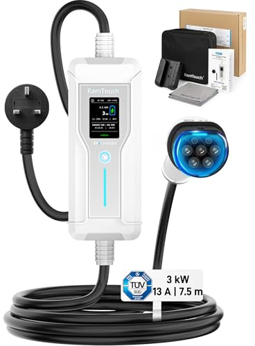 RamTouch Cargador Coche Eléctrico (3,7 kW, 6 A - 16 A, 7,5 m, IP67) | Schuko a Tipo 2 | Cable de Carga Modo 2 con Pantalla y Temporizador, RCD AC/DC, Wallbox Móvil para Vehículos Eléctricos y PHEV