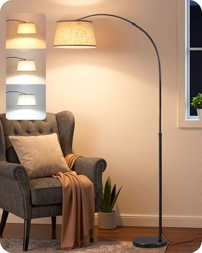 EDISHINE Lámpara de Pie para Salón, Altura Ajustable 143-176 cm, Lámpara de Arco con Cabeza Giratoria y Estructura de Metal, Mando Magnético, Regulable, Casquillo E27 con LED 9W Incluida