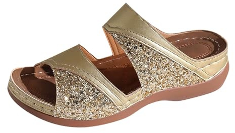 Ortopediska damsandaler, sommar, träskor & sandaletter för kvinnor, läder, paljetter, damsandaler, strass, glitter, sandaler, utomhus, kilsandaletter, slip-on, trekkingsandaler, Guld, 37 EU