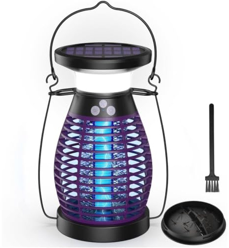 Solar Lampara Antimosquitos, 3 IN 1 UV Mata Mosquitos Electrico, 4200V USB Recargable Lampara Mosquitos IP66 Impermeable Trampa Moscas para Oficina Dormitorio Cocina Jardín Camping (Morado)