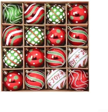16-teiliges Weihnachtsbaumkugel-Set, rot-grün-weiße Kunststoffornamente mit abnehmbarem Seil, bruchsichere Feiertagsdekorationen für Zuhause, Party, Hochzeit