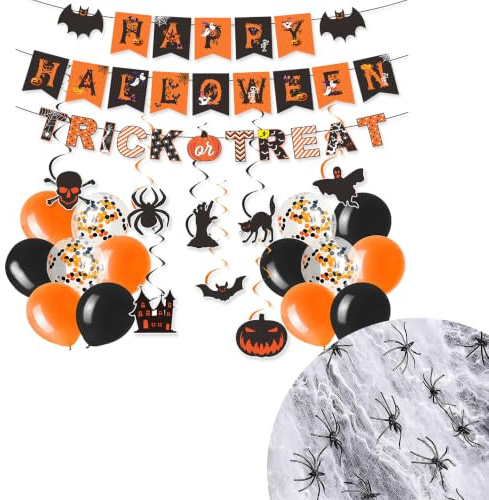 Halloween Decorations Outdoor & Indoor Set, Happy Halloween & Trick Or Treat Banner, Balloons, Hanging Swirl for Party, 60g Halloween Spider Web Decoration, Stretchable Cobwebs with 30pcs Fake Spiders