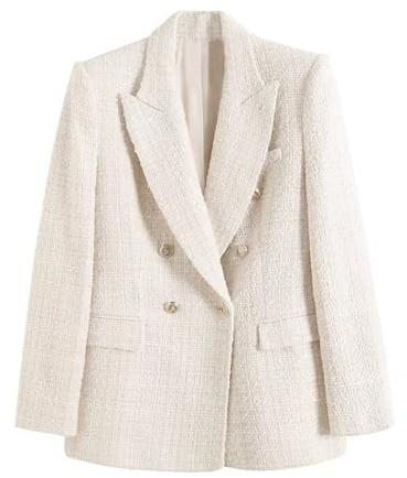 Dam tweed kavaj med krage, rutig, dubbelknäppt långärmad jacka, Vit, S