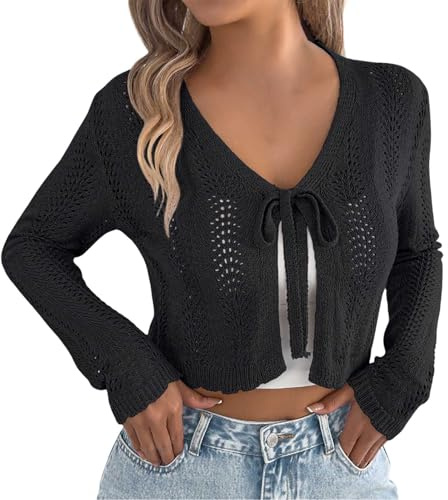 Gilet Femme Cardigan Femme Veste Tricot Dentelle Devant Ouvert Liens à Nouer Manches Longues Long Tricot Doux Respirant Printemps Été Plage Vacances Sortie Bureau Détente