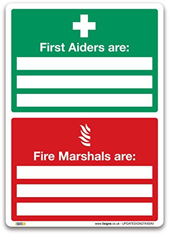 First Aiders and Fire Marshals Sign - A5 Self-Adhesive Vinyl 210 x 148mm - Essential Fire Marshall and First Aider Sign - Indoor and Outdoor Use in Workplaces, Offices, Businesses - UK Law Compliant