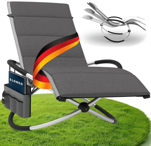 ELONEO Schaukelliege Outdoor mit Tasche und Auflage, Relaxliege bis 180 kg Belastbarkeit, Schaukelsessel Outdoor, Liegestuhl wetterfest, Sonnenliege für Garten und Balkon, graukariert/anthrazit