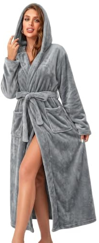 RONGTAI Langer Damen-Bademantel aus Plüsch-Fleece, dick, mit Kapuze, mit Taschen, flauschige Nachtwäsche für Herren