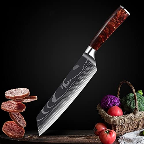 DZCP Couteau de Cuisine Damascus Chef Laser Couteau Japonais Salmon Sashimi Couteau Rouge Résine Couteau Couteau Couteau Couteau Couteau Cuisine Outil de Cuisson (Size : 7 inch Cleaver Knife2)