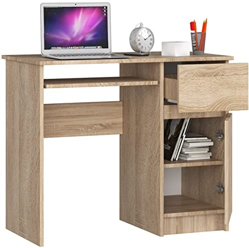 Mesa de ordenador BDW con 1 cajón, 1 compartimento y una bandeja para teclado extraíble. Escritorio para ordenador de escritorio o portátil, 90x77x50 cm