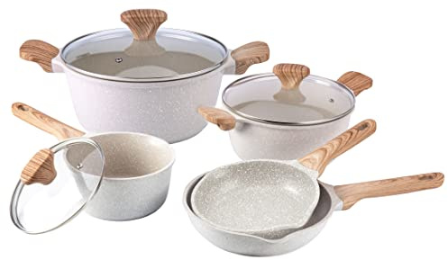 Country Kitchen Juego de utensilios de cocina antiadherentes de inducción, 8 piezas, ollas y sartenes antiadherentes de aluminio fundido con asas BAKELITE, ollas y sartenes no tóxicas, color crema