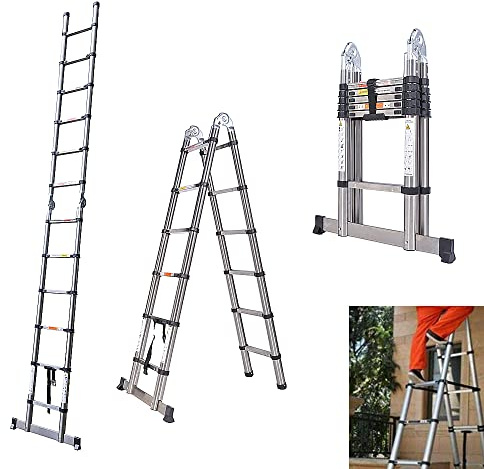 Échelle Télescopique 1.9M + 1.9M, A-Frame Échelle Pliantes en Acier Inoxydable, Echelle Telescopique Polyvalente, Loft Extensible Ladder, Antidérapante Escabeau Pliant, Capacité de Charge 150kg