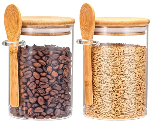 Airtight Food Storage Containers, Glass Canister With Wooden Spoon and Lids, 20 Oz Jars for Serving Bath Salt, Sugar, Spice, Coffee, Tea, Cereals, Condiment (2 Set)