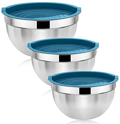 Herogo Rührschüssel 3er Set, Edelstahl Salatschüssel mit Blauem Luftdichtem Deckel, Schüssel Metallschüssel Set zum Backen, Ungiftig & Rostfrei, Langlebig & Spülmaschinenfest (4,5/2,7/1,5 L)