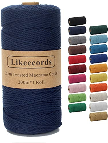 Likeecords Hilo Macrame 2mm x 200m, Cuerda Macrame Natural,Cuerda de Algodon 2mm para Perchas de Plantas, Manualidades, Tejer, Proyectos Decorativos (Azul)