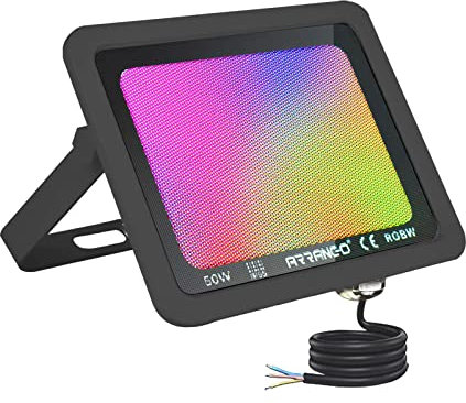 ARRANCIO Faretto LED da Esterno con Luci RGB e Luce Fredda 6500K, Proiettore Luce Multicolore RGB con Telecomando, 4 Effetti Luminosi, Cornice Nera, Impermeabile IP65 (Nero, RGB, 50W) 1 unità