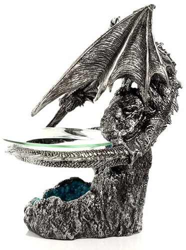 HoitoDeals Silver Fortress Dark Legends Dragon Oil and Wax Burner with Glass Dish For Home, Office, Novelty Gift Item (1Pcs)