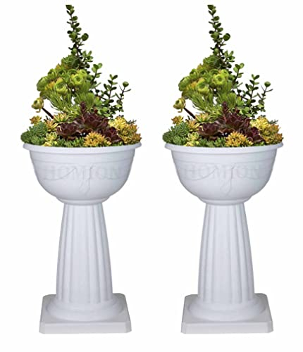 HOMION Set of 2 Pedestal Flower Plant Planter Pot 40cm White Jardinière Round Planter Pot Venetian Plastic Garden Bowl Free Standing