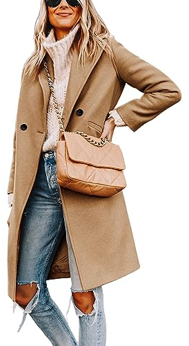 Hooever Women's Winter Wool Coat Casual Notch Lapel Single-Breasted Peacoat(khaki-L01)