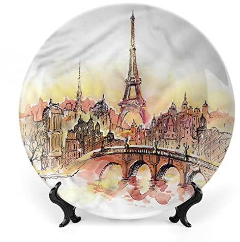 8 Inch Decorative Plate, Eiffel Tower Ceramic Stoneware, France Urban Scenery Print Ceramic Wall Hanging for Fine Dining, Upscale Event, Dinner Party, Weddings, Catering, Christmas, Thankgiving