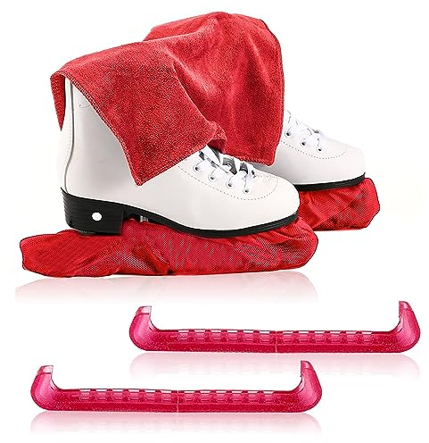 Eishockey Kufenschoner Schlittschuhe Geschenkset,Schlittschuhschoner,1 Paar Elastische Kufenstrümpfe+1 Paar Verstellbar Schutz Kunststoff+1 Stück Handtuch, Kufenschutz Zubehör für Herren Damen Kinder