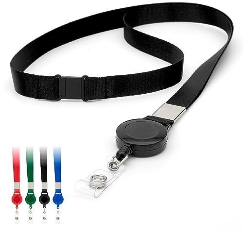 Svart infällbara nyckelband med nyckelband från LanyardsImorgon 15 mm platta släta remmar med säkerhetsbrytande drag, ID-bricka hållare utdragbar rullklämma paket med 10