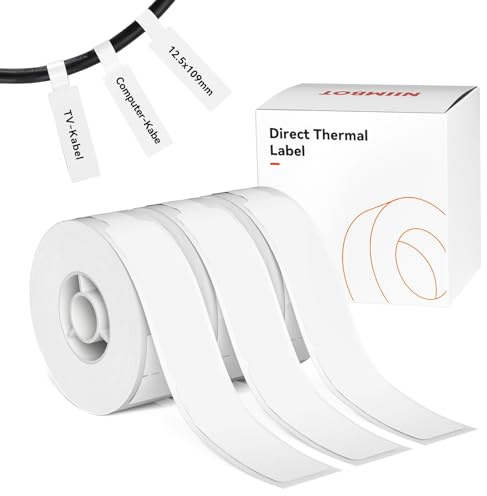 NIIMBOT Kabel Etiketten für D110 D11 D101 Etikettendrucker, 12.5mm x 109mm 65 Etiketten/Rolle, 3 Rollen Selbstklebender Etikettenband für Zuhause, Büro, Schule, Weiß