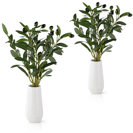 PASCH® 2er Set Olivenzweige künstlich in weißen Keramikvasen (34cm): Realistische künstliche Zweige Deko | Dekozweige | Kunstblumen im Topf | Künstliche Blumen im Topf: Olivenzweig | Kunstzweige
