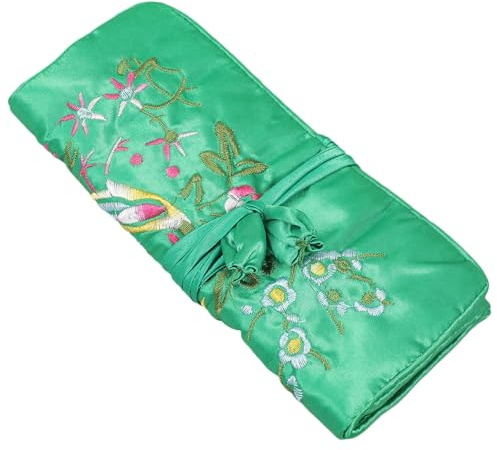 LIFKOME Handgefertigte Bestickte Schmuckrolle aus Seide Satin Grün | 1 Großes Fach und 3 Reißverschlusstaschen, für Reisen und Alltag, Chinesische Blumenstickerei